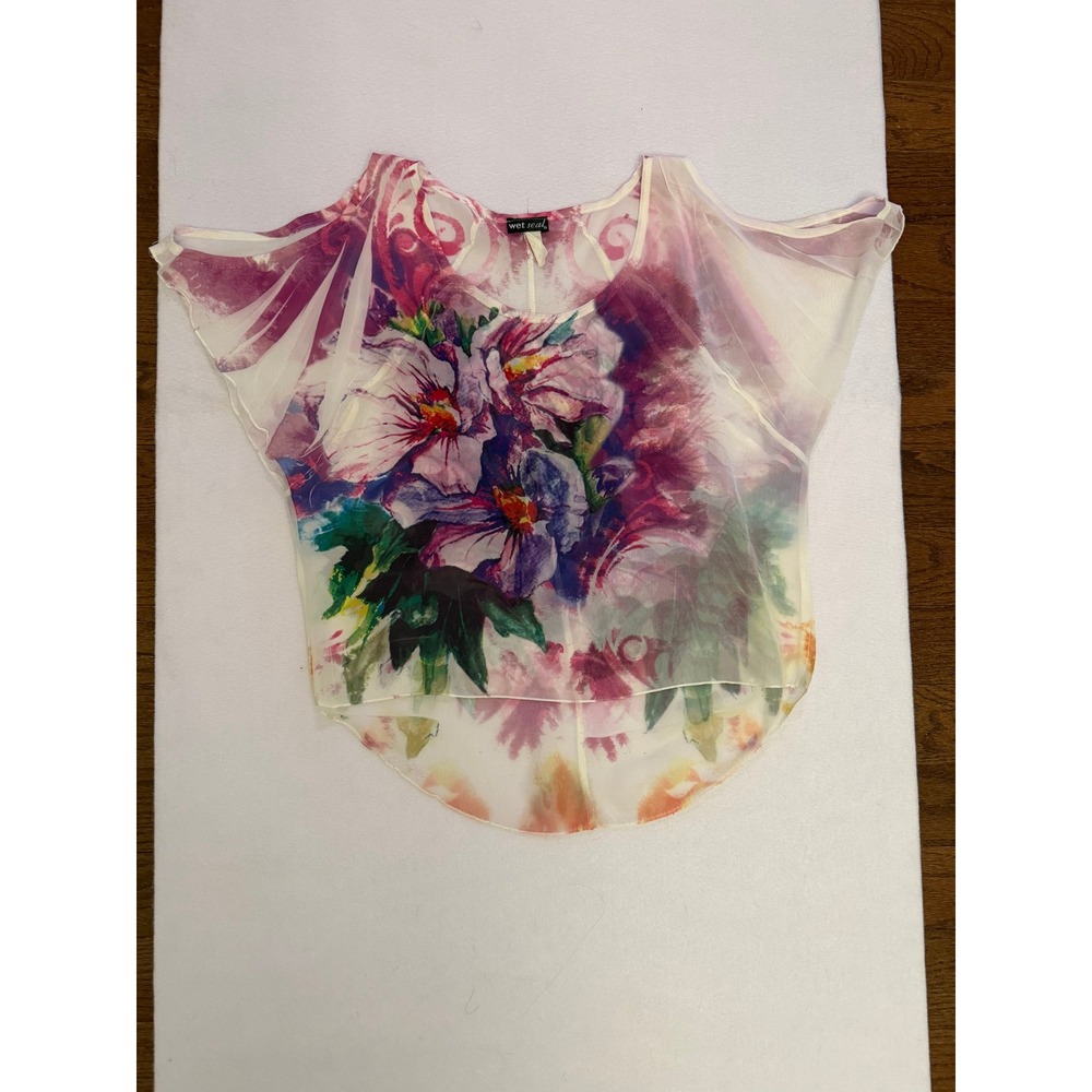 VTG Y2K Wet Seal Sheer Watercolor Floral Cold Shoulder Flutter Sleeve Top Med‎